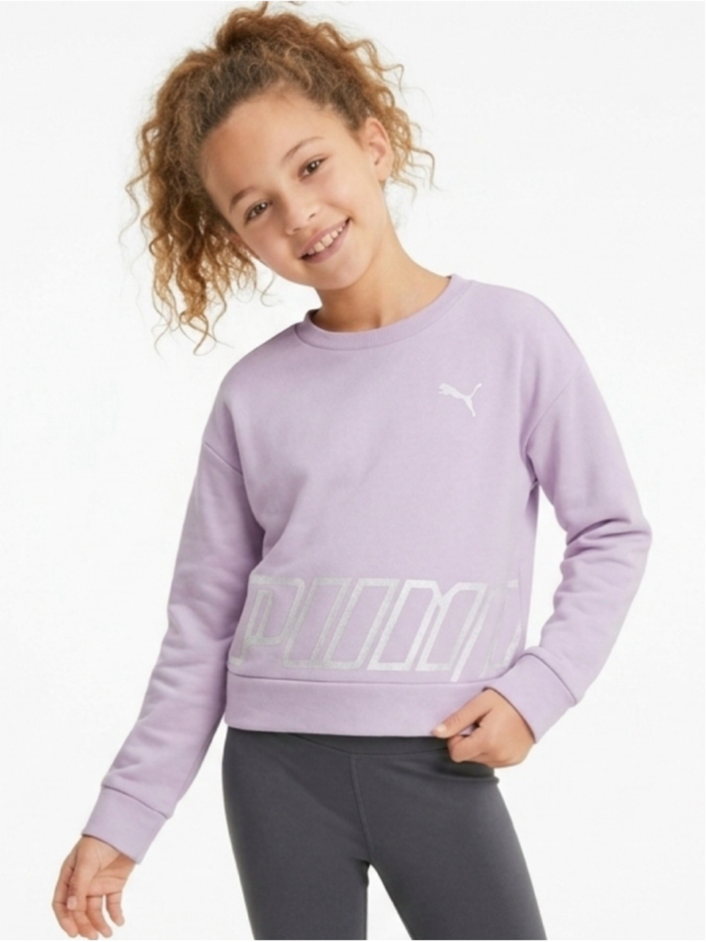 Puma Girls Power Crewneck Sweatshirt Lavender Purple Glitter Logo Small (7) -901